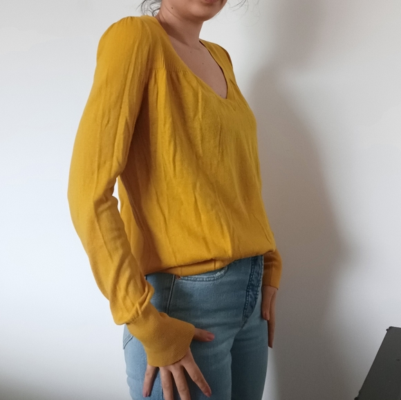 Joe Fresh Mustard Yellow V-Neck Thin Knit Sweater - Picture 2 of 10